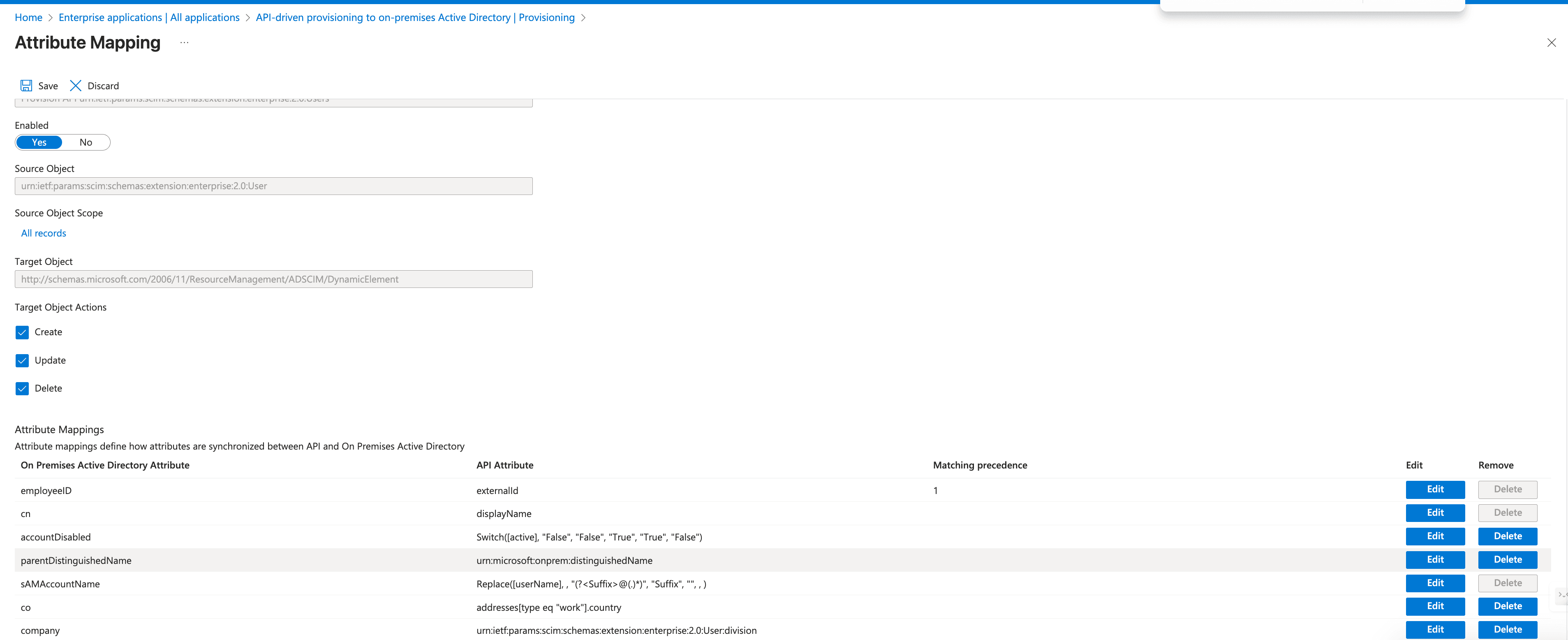 On-prem Active Directory API attribute mapping
