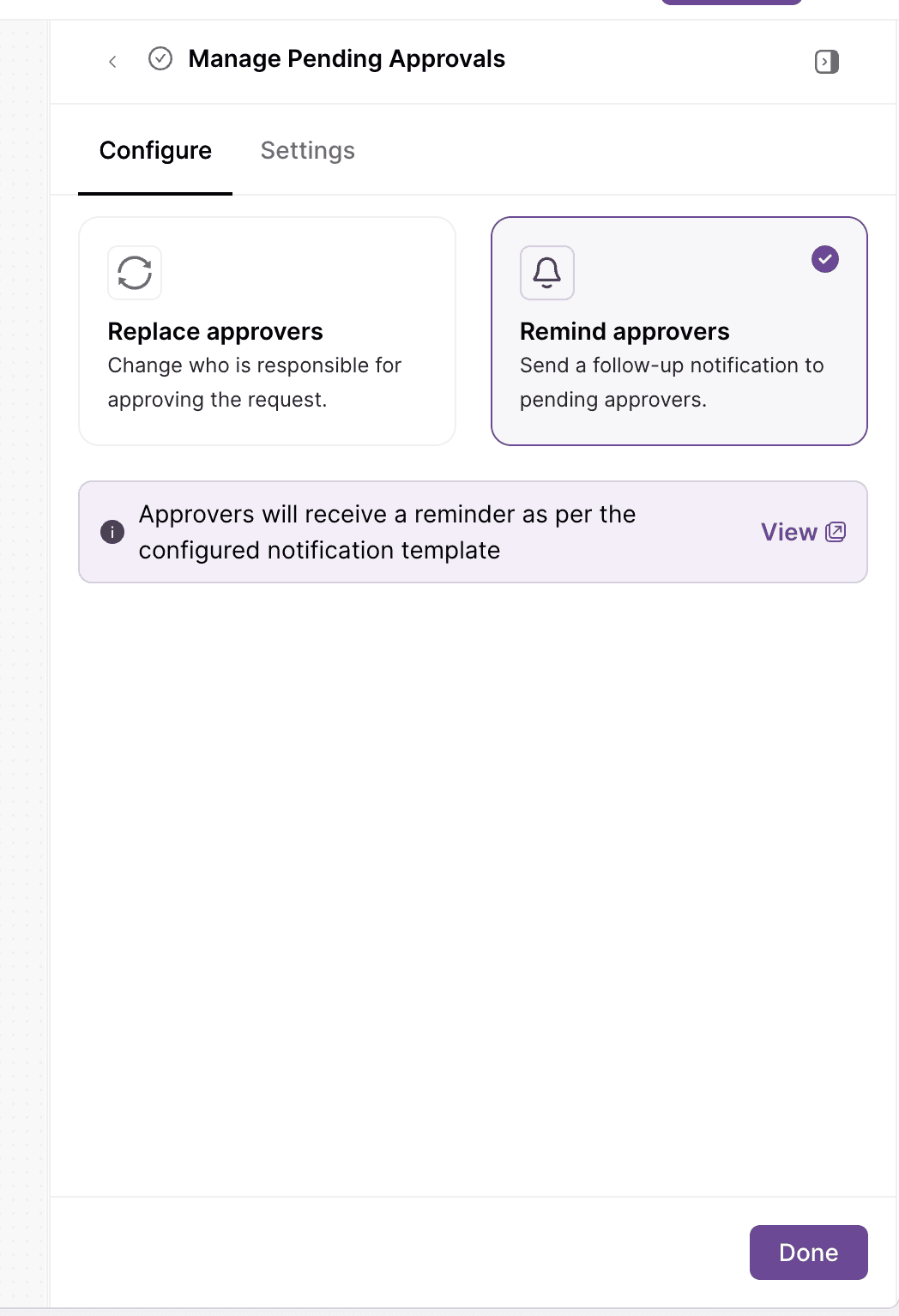 Manage Pending Approvals screen with Remind approvers selected