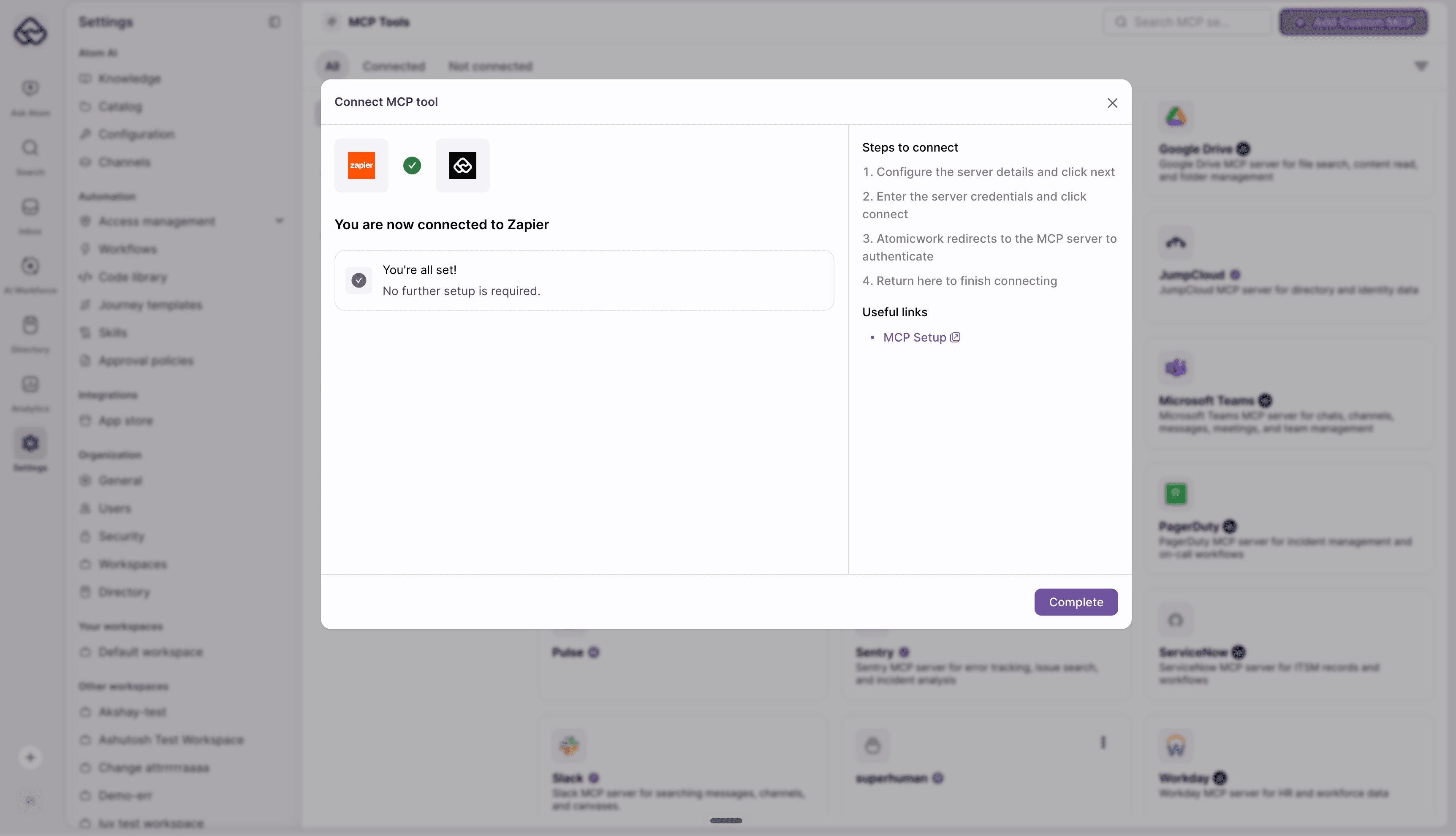 Success step confirming the server is connected