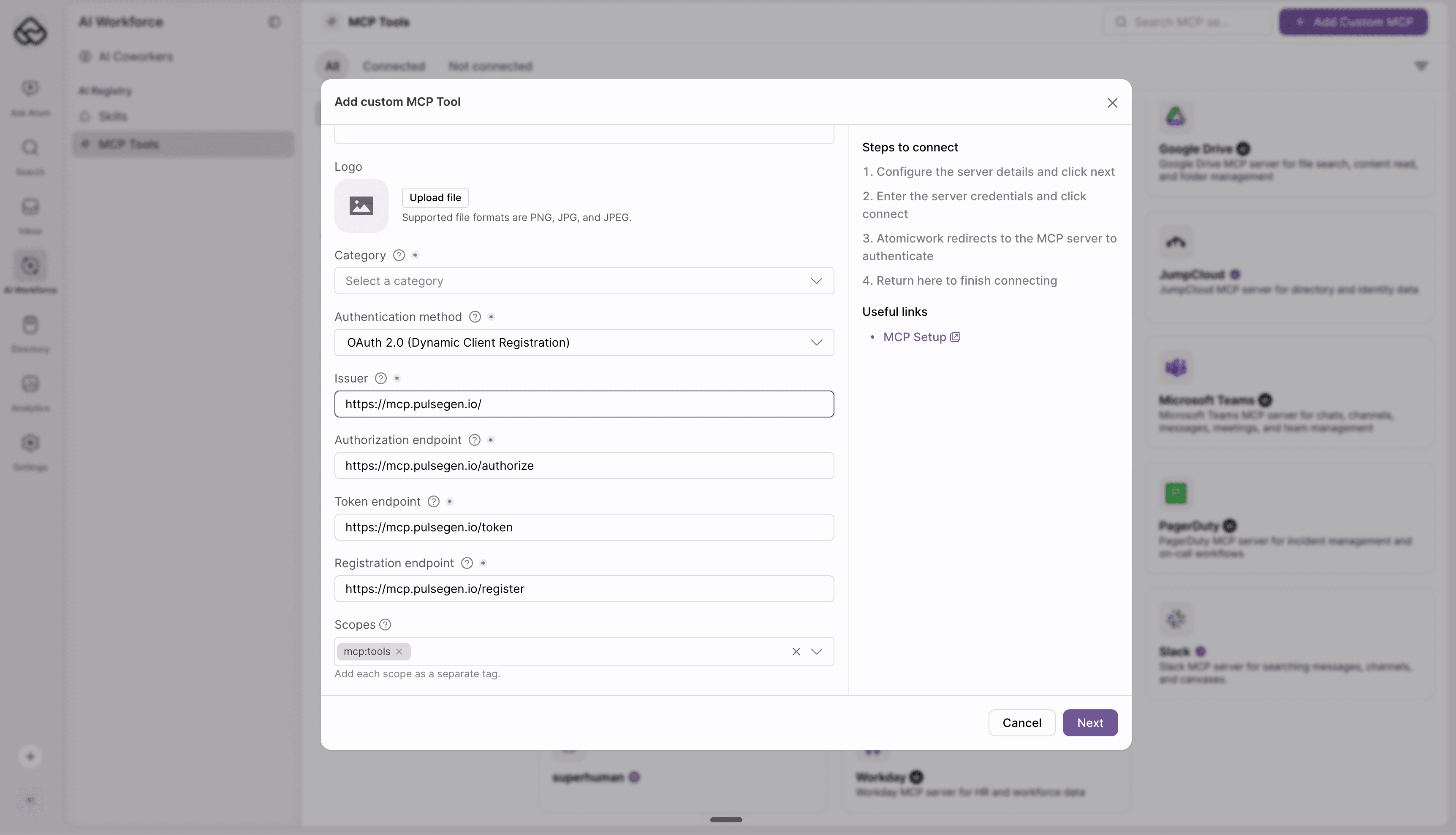 Authentication method set to OAuth 2.0 Dynamic Client Registration with issuer, authorization, token, and registration endpoints