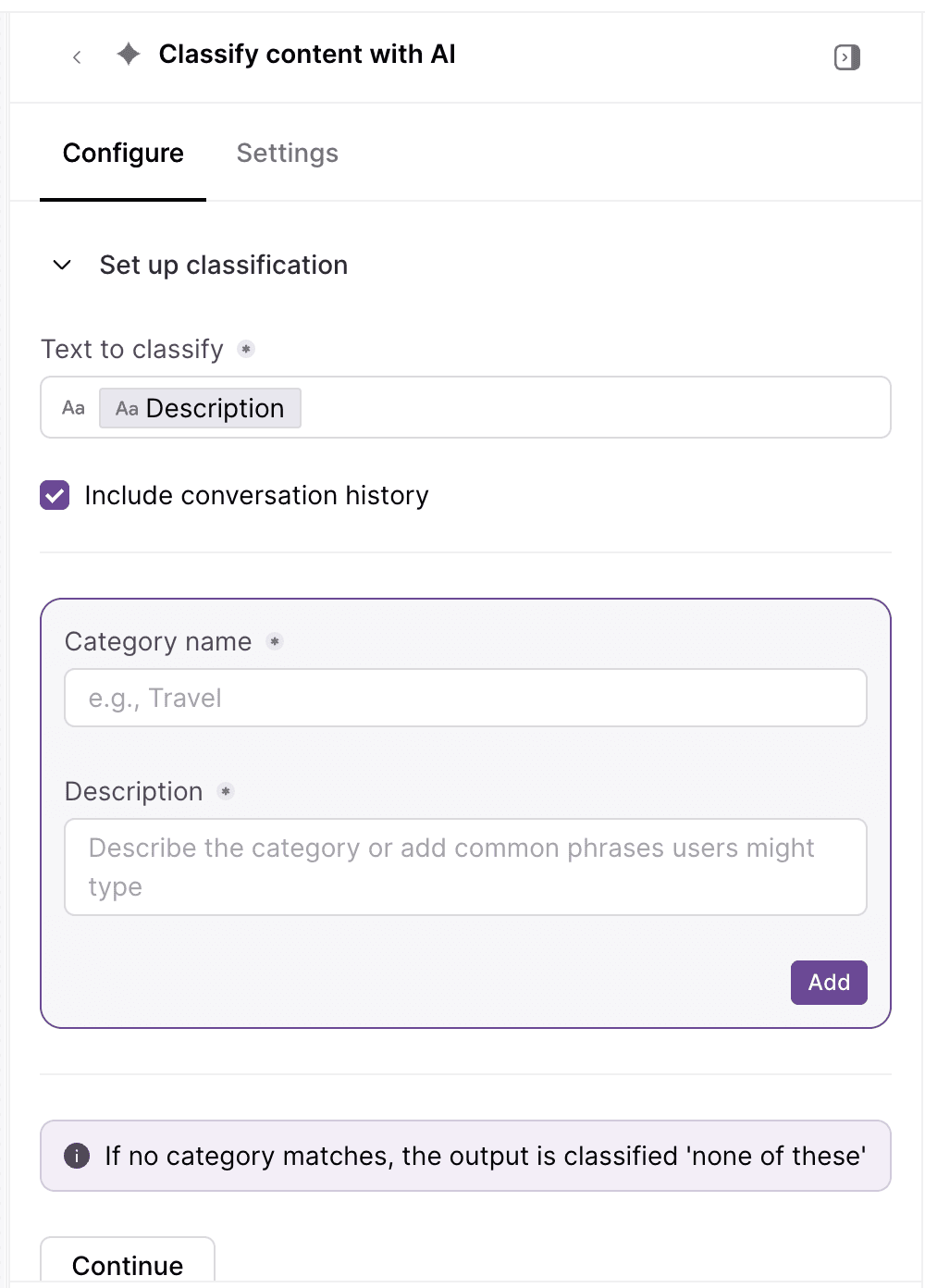 Classify content with AI action showing the Include conversation history option