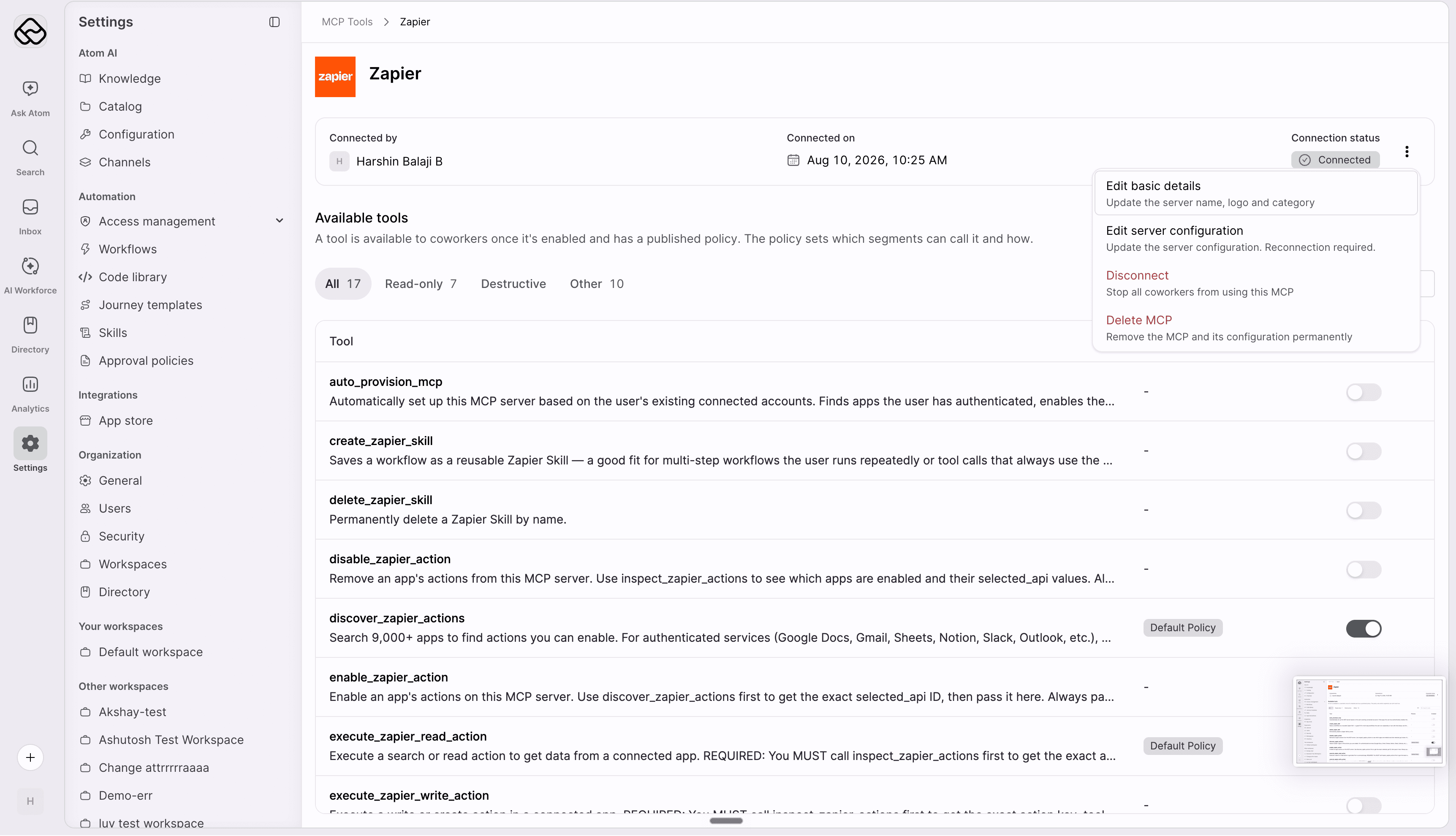 Actions menu showing edit basic details, edit server configuration, disconnect, and delete MCP
