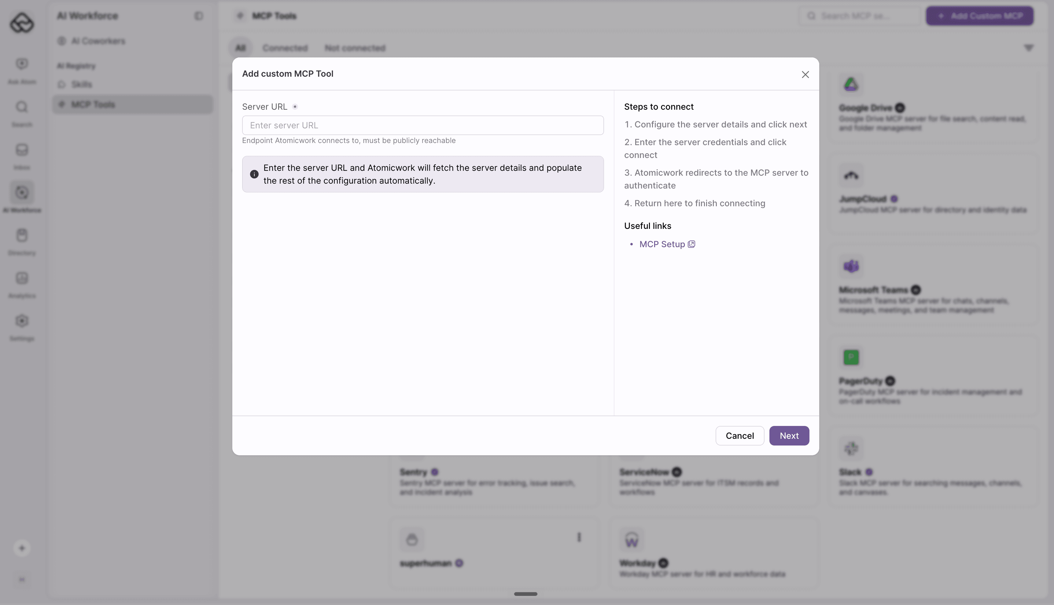 Add custom MCP dialog with the server URL field