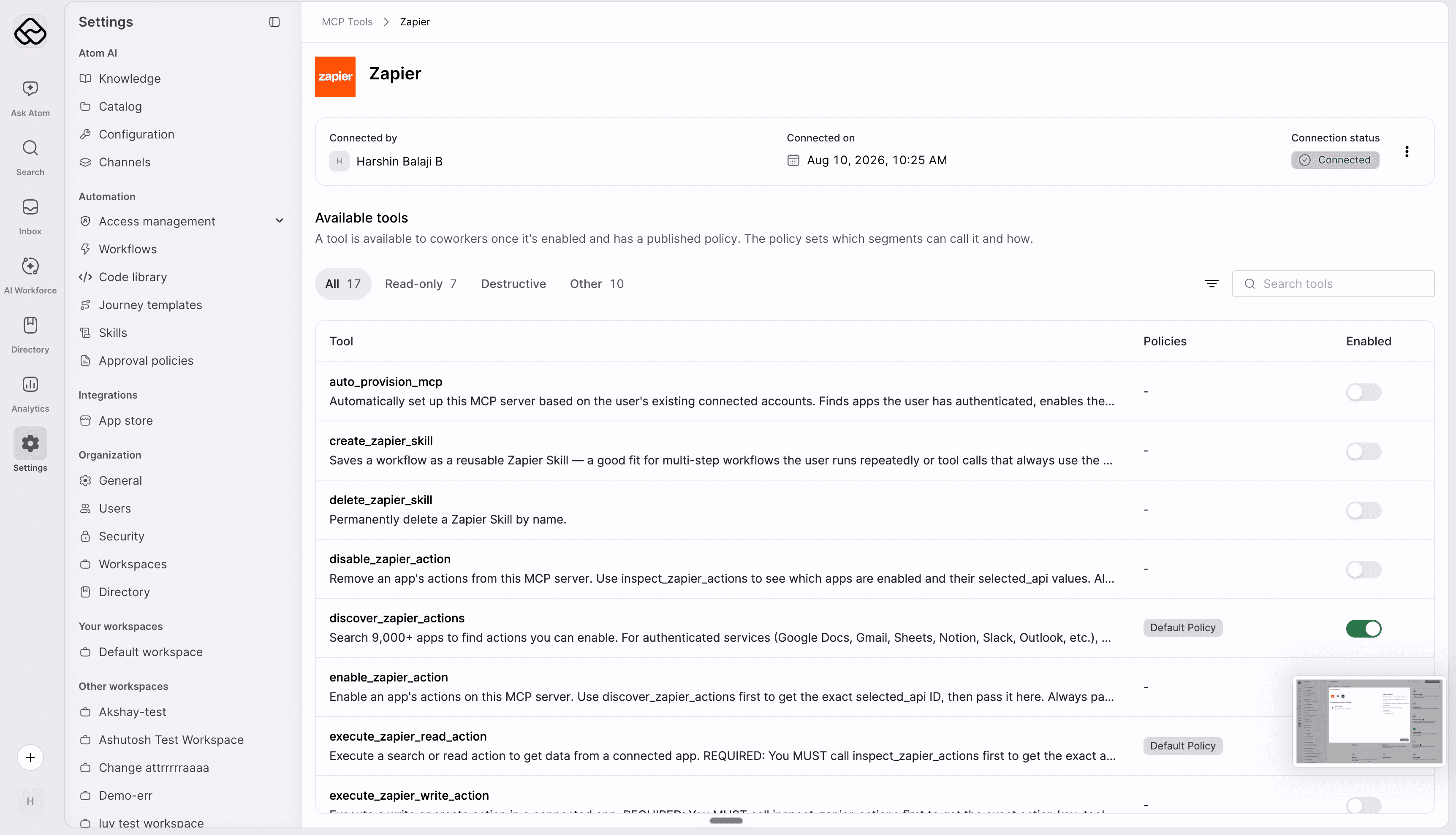 Custom MCP detail page listing available tools with their policies and enabled toggles