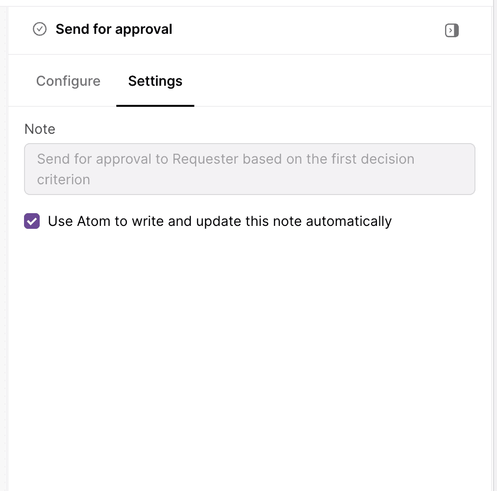 Workflow node Settings tab showing the automatic note generation option